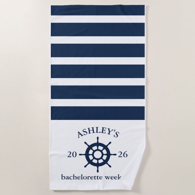 Navy & White Personalised Bachelorette Weekend Beach Towel (Front)