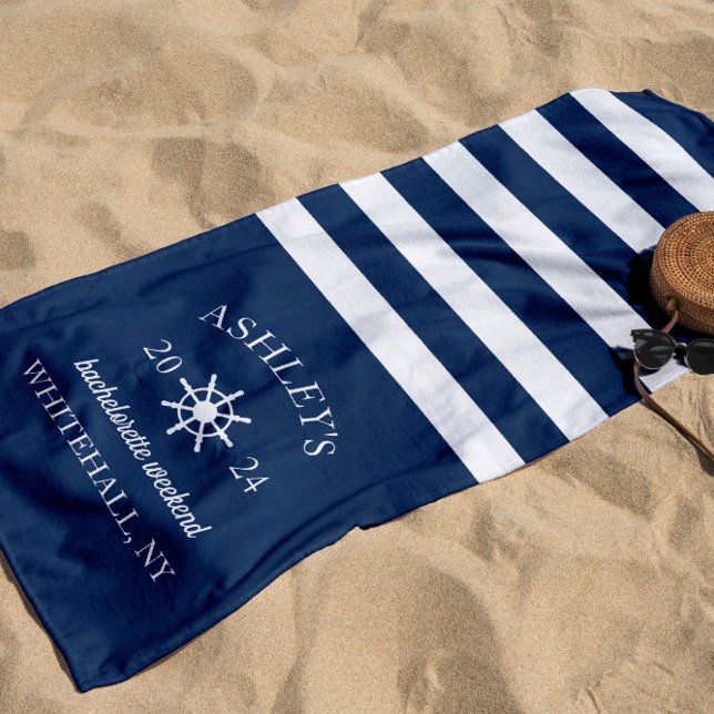Navy & White Personalised Bachelorette Weekend Beach Towel (Creator Uploaded)