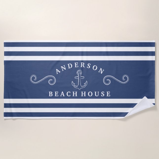 Navy & White Personalised Nautical Beach House Beach Towel (Front)