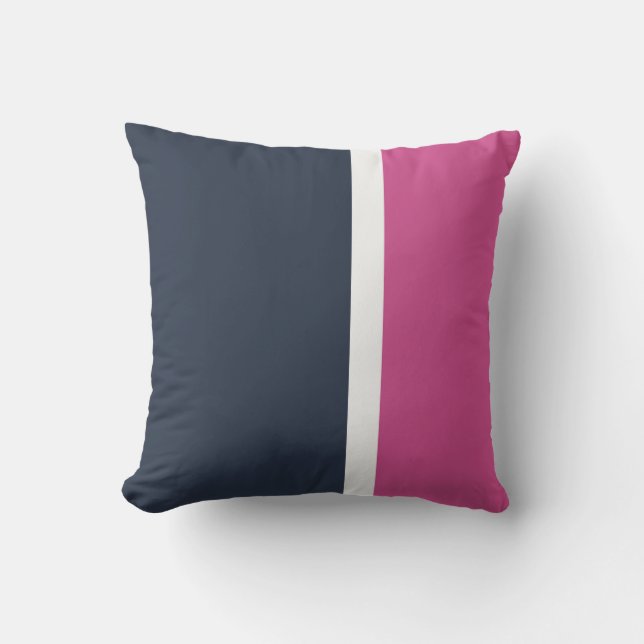 Navy White Pink Modern Stripe Outdoor Throw Pillow (Front)