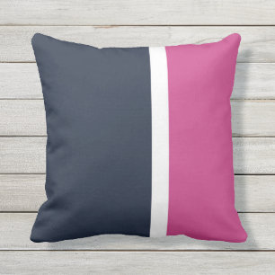 Navy White Pink Modern Stripe Outdoor Throw Pillow