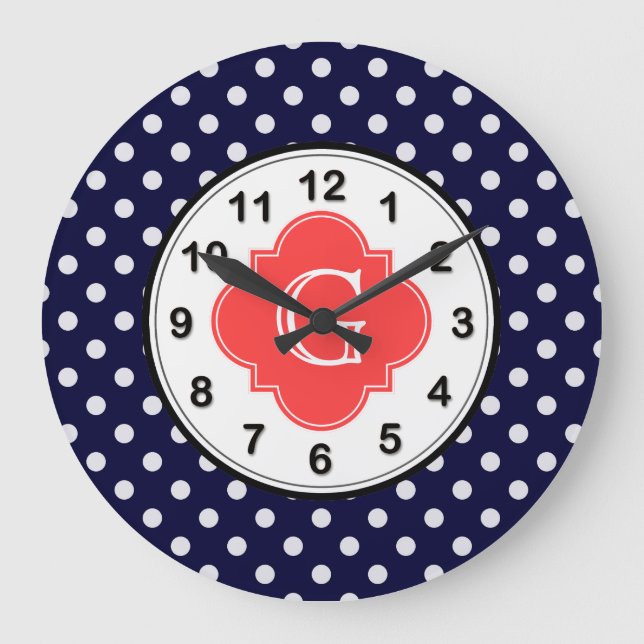Navy White Polka Dot Coral Quatrefoil Monogram Large Clock (Front)
