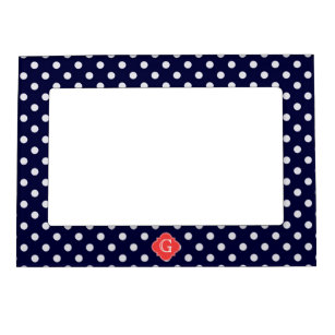 Navy White Polka Dot Coral Quatrefoil Monogram Magnetic Picture Frame