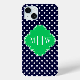 Navy White Polka Dot Emerald Quatrefoil 3 Monogram iPhone 15 Mini Case