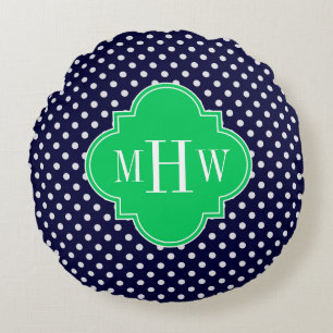 Navy White Polka Dot Emerald Quatrefoil 3 Monogram Round Cushion