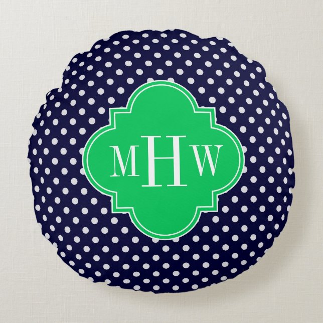 Navy White Polka Dot Emerald Quatrefoil 3 Monogram Round Cushion (Front)