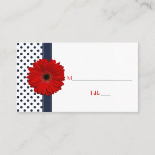 Navy White Polka Dot Red Gerber Daisy Place Card
