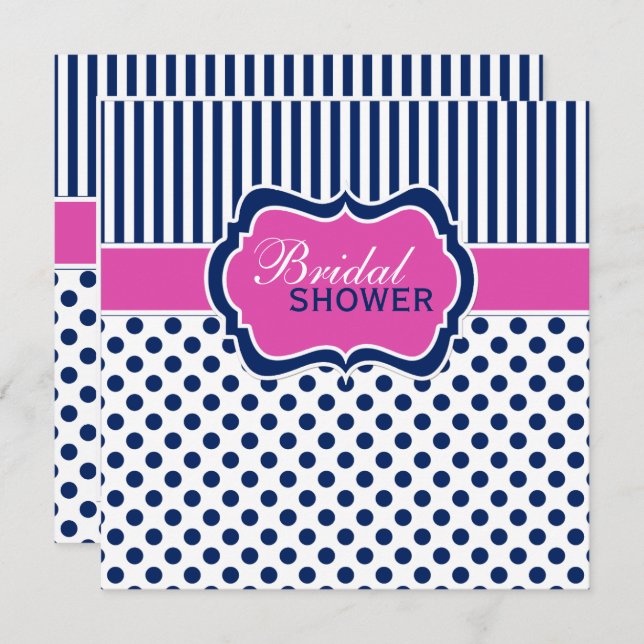 Navy, White Polka Dot Stripe Bridal Shower Invite (Front/Back)