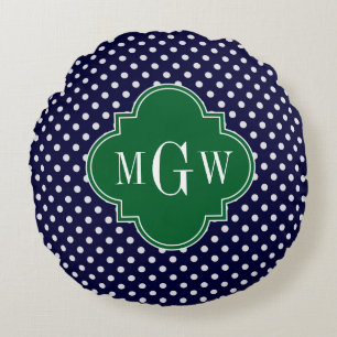 Navy White Polka Dots Forest Quatrefoil 3 Monogram Round Cushion