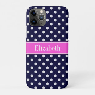 Navy White Polka Dots Hot Pink Ribbon Monogram iPhone 11 Pro Case