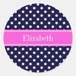 Navy White Polka Dots Hot Pink Ribbon Monogram Classic Round Sticker