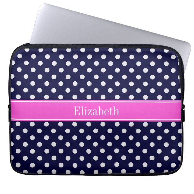Navy White Polka Dots Hot Pink Ribbon Monogram Laptop Sleeve (Front)