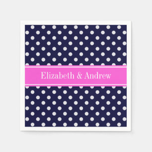Navy White Polka Dots Hot Pink Ribbon Monogram Napkin