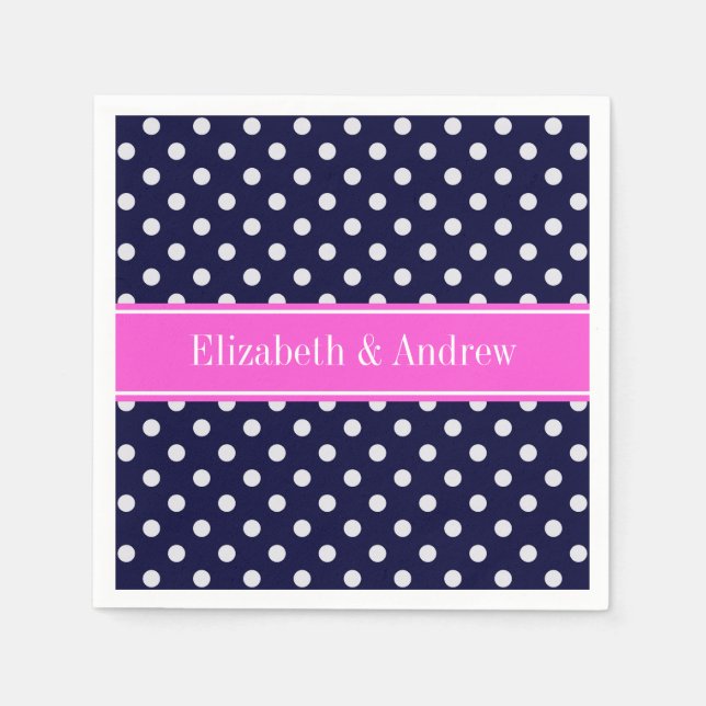 Navy White Polka Dots Hot Pink Ribbon Monogram Napkin (Front)