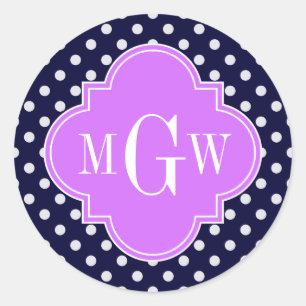 Navy White Polka Dots Lilac Quatrefoil 3 Monogram Classic Round Sticker