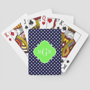 Navy White Polka Dots Lime Quatrefoil 3 Monogram Playing Cards