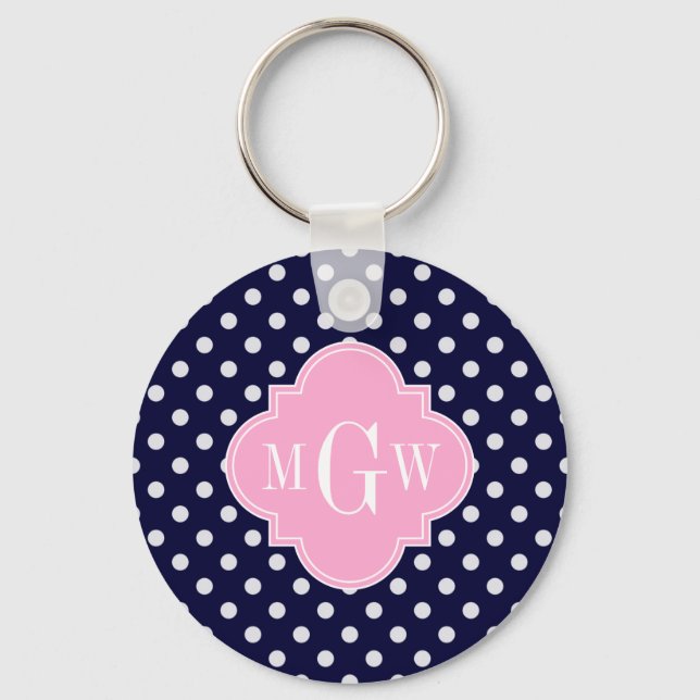 Navy White Polka Dots Pink Quatrefoil 3 Monogram Key Ring (Front)