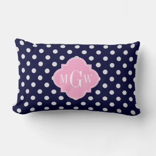 Navy White Polka Dots Pink Quatrefoil 3 Monogram Lumbar Cushion
