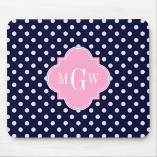 Navy White Polka Dots Pink Quatrefoil 3 Monogram Mouse Pad