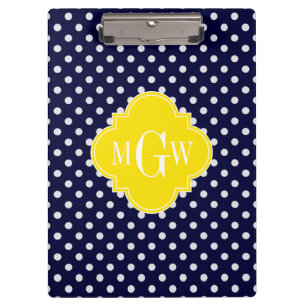 Navy White Polka Dots Yellow Quatrefoil 3 Monogram Clipboard