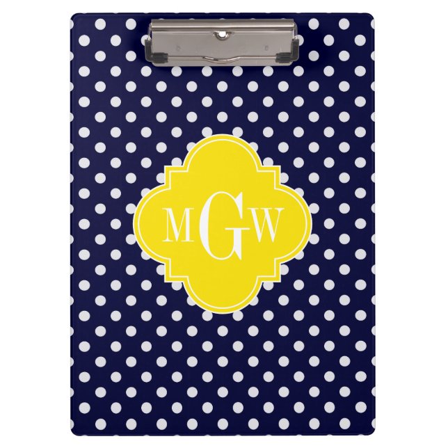 Navy White Polka Dots Yellow Quatrefoil 3 Monogram Clipboard (Front)