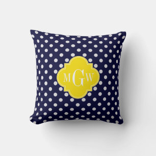 Navy White Polka Dots Yellow Quatrefoil 3 Monogram Cushion