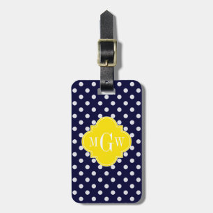 Navy White Polka Dots Yellow Quatrefoil 3 Monogram Luggage Tag