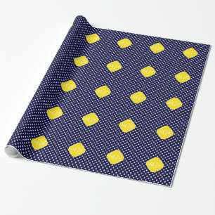 Navy White Polka Dots Yellow Quatrefoil 3 Monogram Wrapping Paper