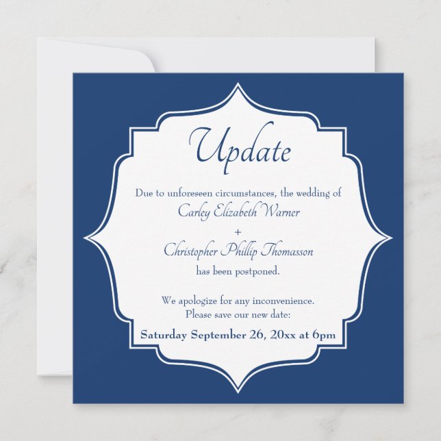 Navy White Postponed Wedding Update Announcement (Front)
