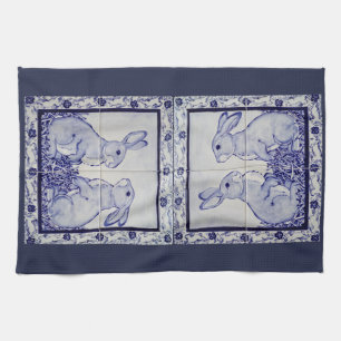 Navy White Rabbit Tile Kitchen Towel Dedham Blue