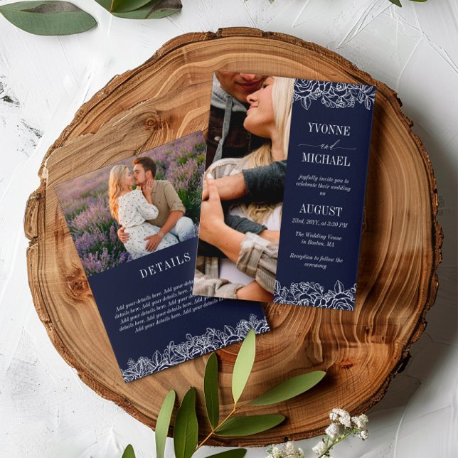 Navy White Rose Outlines 2 in 1 Photo Wedding Invitation (Creator Uploaded)