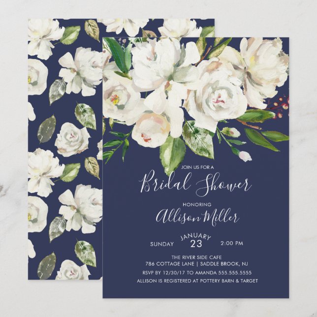 Navy & White Roses Bridal Shower Invitation (Front/Back)