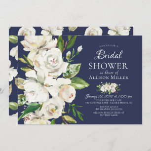 Navy White Roses Floral Bridal Shower Invitations