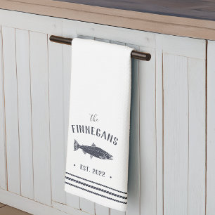 Navy & White Rustic Fish Personalised Tea Towel