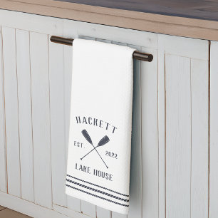 Navy & White Rustic Oars Personalised Lake House Tea Towel