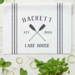 Navy & White Rustic Oars Personalised Lake House Tea Towel<br><div class="desc">Customise your lake house kitchen with this cute personalised towel featuring your family name or house name and year established in rich navy blue lettering accented with a pair of oars.</div>