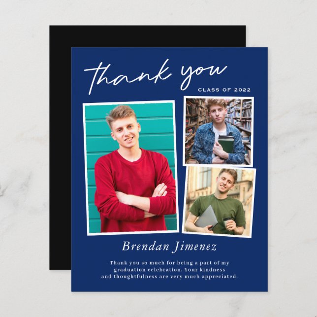 Navy White Script 3 Photo Graduation Thank You (Front/Back)