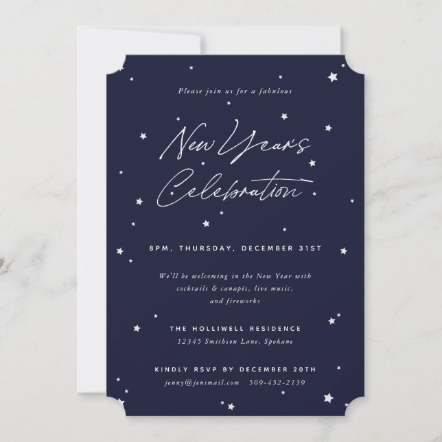 Navy+White Script Scattered Stars New Year' Party Invitation (Front)
