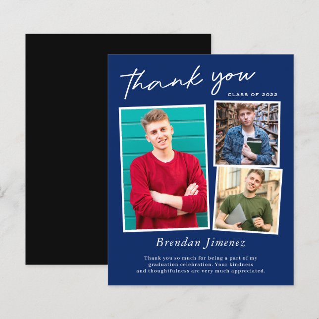 Navy White Script Three Photo Graduation Thank You (Front/Back)