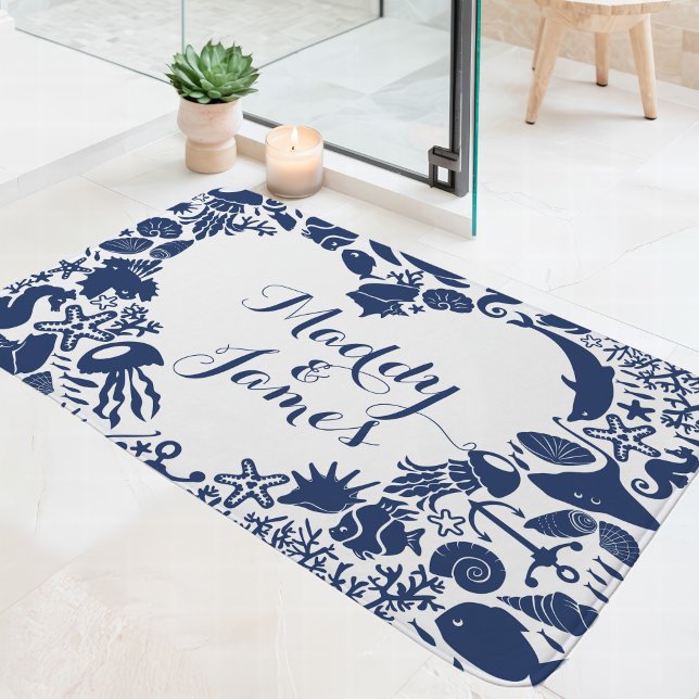Navy & White Sea Creatures Couples Heart Monogram Bath Mat (Creator Uploaded)