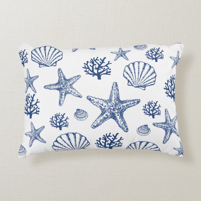 Navy White Sea Shell Pattern Coastal Design Decorative Cushion (Front)