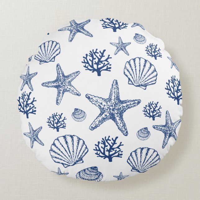 Navy White Sea Shell Pattern Coastal Design Round Cushion (Front)