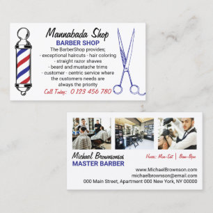 Navy White Simple Barber Pole scissor custom photo Business Card