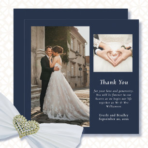 Navy White Simple Photo Wedding Thank You Card