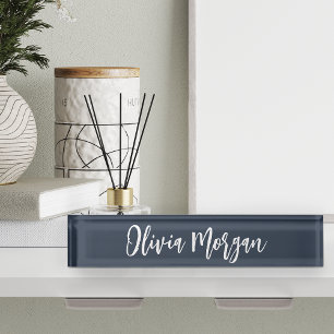 Navy & White Sketched Cursive Script Name Nameplate