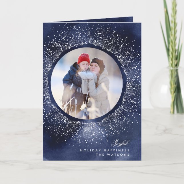 Navy White Snowflake Christmas Holiday Photo Card (Front)
