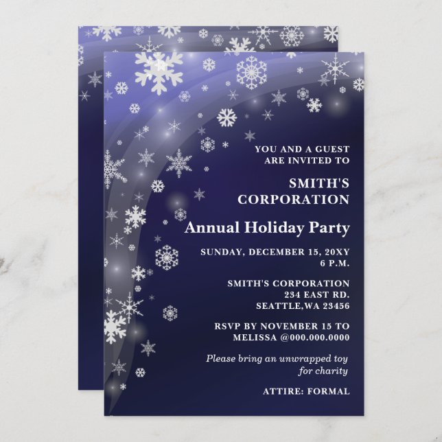 Navy White Snowflakes Corporate Holiday Party Invitation (Front/Back)