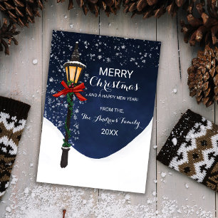 Navy White Snowy Lamppost Garland Bow Christmas Holiday Card