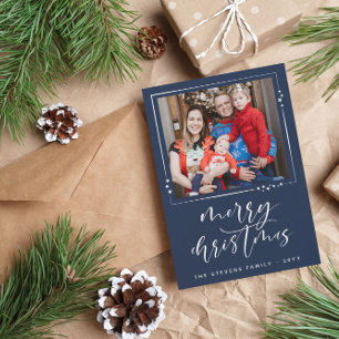 Navy & White Stars 2 Photos Merry Christmas Holida Holiday Card