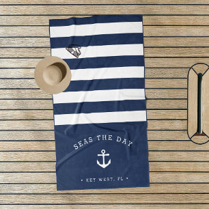 Navy & White Stripe Boat Name Beach Towel